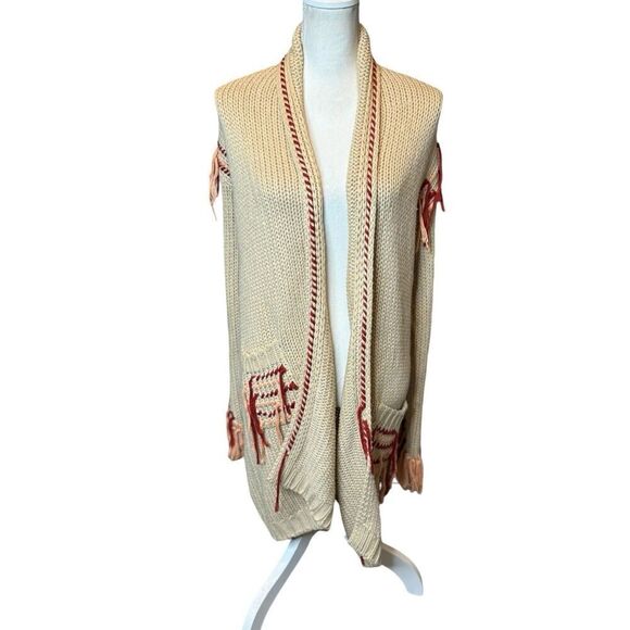 For Love And Lemons Knit Cardigan Open Boho Fringe Retro Long Embroidered M - Picture 1 of 9